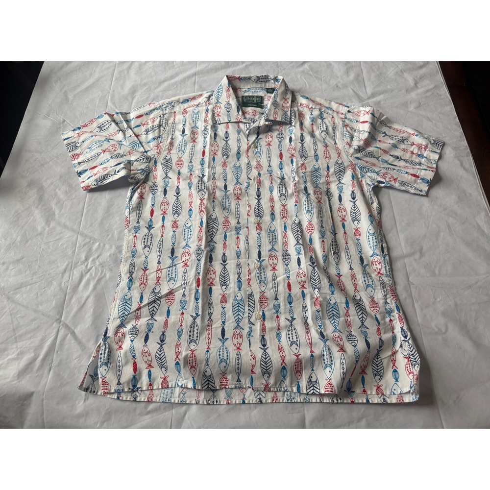 Gitman Bros Vintage Button Down Mens M White Good Fish Print Short Sleeve USA
